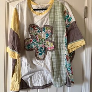 easel White Tee with Yellow Trim and Green Plaid Patchwork